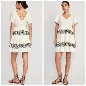 NWT Old Navy Embroidered Mini Swing Dress Cream‎ White Black Women's XL V-neck